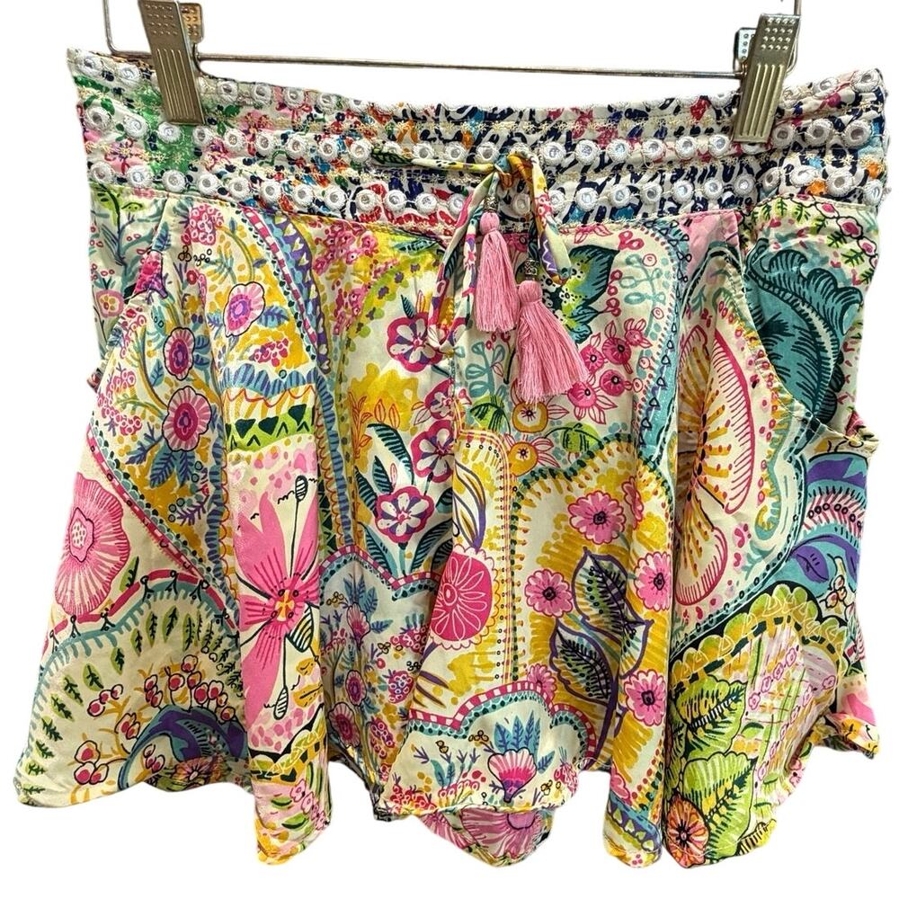 Boho Floral Paisley Shorts Pink Tassel Smocked Skort Festival Summer Dopamine M